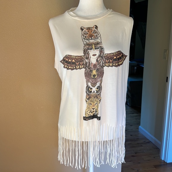Lauren Moshi Esme Fringe Totem Pole Spirit Animal Muscle Tee SMALL - Picture 2 of 8